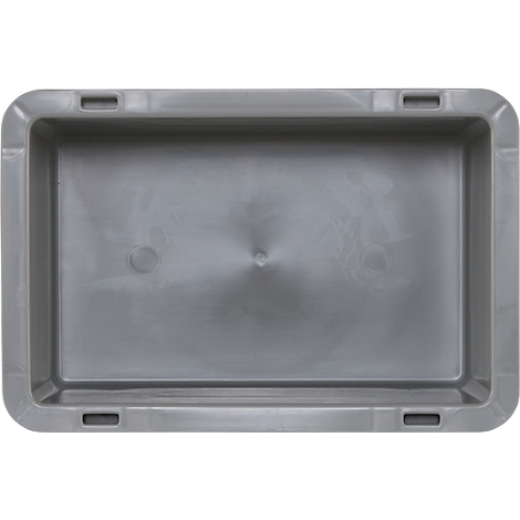 Boîte en plastique rectangulaire grise avec des coins arrondis et des poignées encastrées sur les côtés.