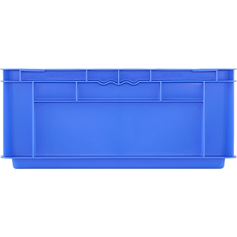 Blauwe plastic krat met een verzonken handgreep in het midden. Tekst: MADE IN ...