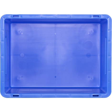 Blau plastic box, gefotografeerd van bovenaf. Lege doos zonder inhoud.