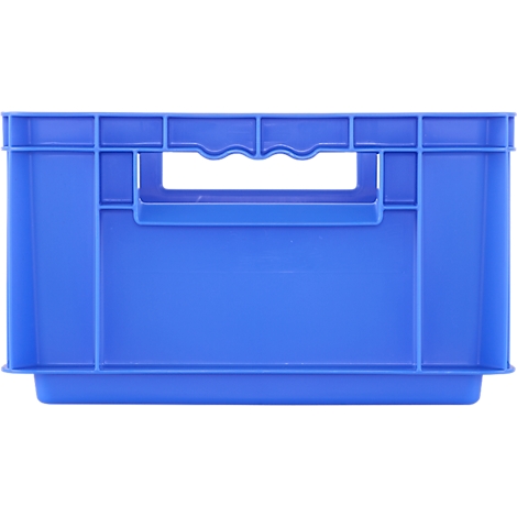 Caisse en plastique bleu avec poignée; vue de face, sur fond neutre.