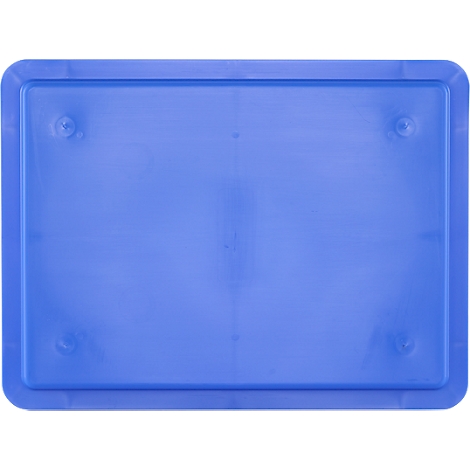 Plateau en plastique bleu, rectangulaire avec coins arrondis et points de vis.
