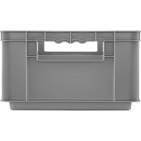Boîte en plastique grise avec trou de poignée, vue de face.