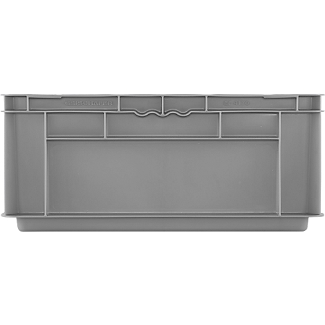 Boîte en plastique grise, rectangulaire avec encoches de poignée et nervures verticales.