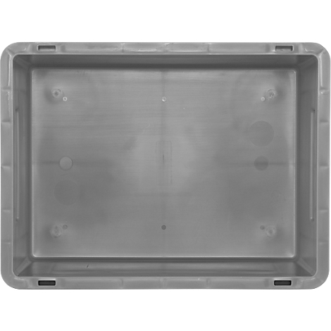 Boîte en plastique grise et rectangulaire, vue de dessus.