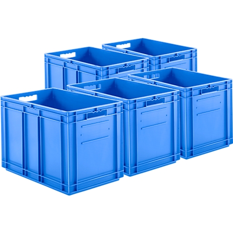 Sechs blaue Lagerboxen in verschiedenen Winkeln vor weißem Hintergrund.