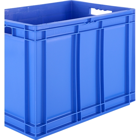 Blaue, rechteckige Kunststoffbox mit Grifföffnungen und Rippen zur Verstärkung.