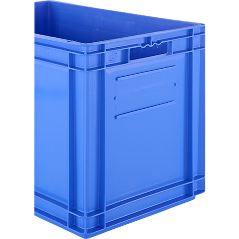 Hellblaue Kunststoffbox mit Griffmulde und glatten Seiten.