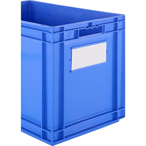 Blaue Kunststoffbox mit Etikett, Griffmulde und Verstrebungen.