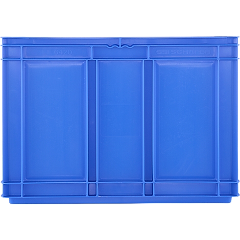 Blaue Kunststoffbox. Auf dem oberen Rand steht 'GEH SCHULER'.