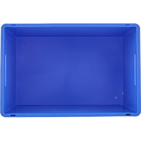 Blaue Kunststoffbox, von oben fotografiert. Die Box hat rechteckige Form, mit einem Griff auf beiden Seiten.