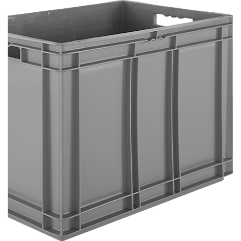 Graue Kunststoffbox, mit Grifföffnungen und Verstärkungsrippen.