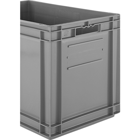 Graue Kunststoffbox mit Griff und Rippenstruktur, Detailansicht.