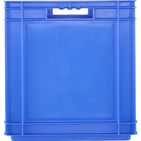 Boîte en plastique bleu avec trou de poignée en haut. Forme rectangulaire, cadres renforcés.