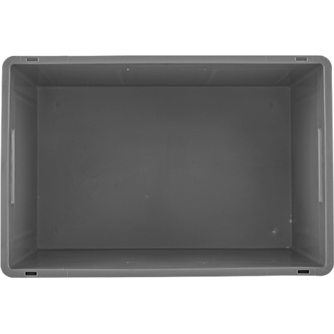 Boîte en plastique rectangulaire grise vue de dessus. Des encoches pour poignées sont visibles sur les côtés.