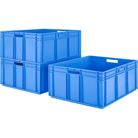 Caisses en plastique bleu clair, une empilée, l'autre à côté.