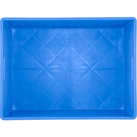 Bac en plastique bleu avec motif en losanges. Rectangulaire avec des renfoncements pour les poignées sur les côtés.