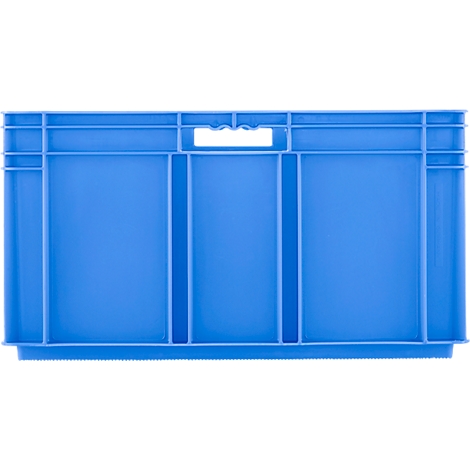 Caisse en plastique bleue avec poignée. Divisée en trois compartiments.