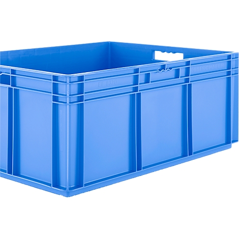 Boîte en plastique rectangulaire bleu clair avec des ouvertures pour poignées sur les côtés.