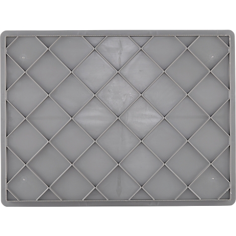 Vue de dessus d'une boîte en plastique grise avec un motif en losanges.
