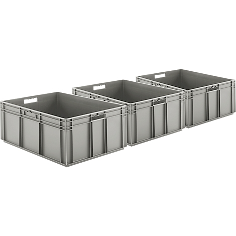 Drei graue Kunststoffboxen mit Griffen, nebeneinander angeordnet.
