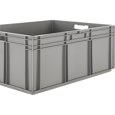 Graue Kunststoffbox, rechteckig, mit Griffen, seitlich offen.
