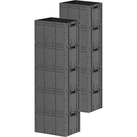 Two gray stacking boxes stand side by side. They are rectangular, structured with handles and transverse lines.