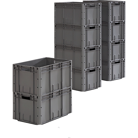 Gray plastic containers, stacked. Crates with handles and ribbed design.