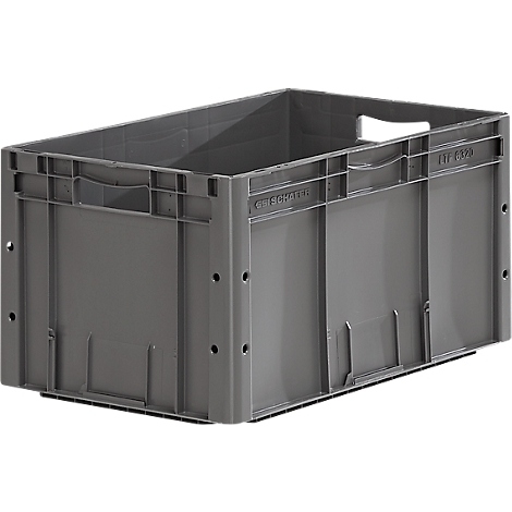 Gray plastic box, with handle openings on the sides.