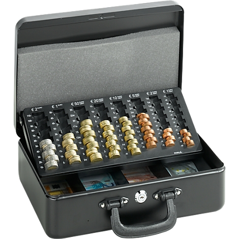 Opened black cash box with coins and banknotes. Top coin compartments with € 2, € 1, € 0.50, € 0.20, € 0.10 and € 0.05.