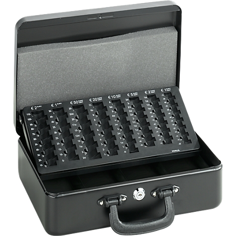 Open black coin case with insert for different Euro coins. Foam in the middle of the lid.