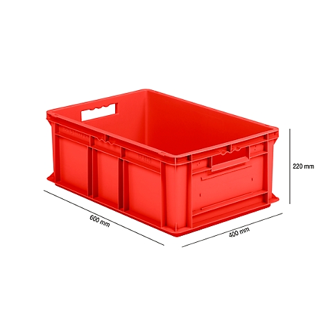 Red plastic box with dimensions 600mm x 400mm x 220mm.