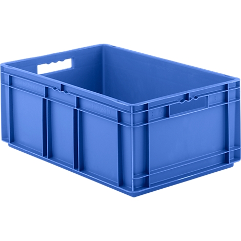 Blue plastic box with handles. It stands on a white background. Edges and sides are stabilized by struts.
