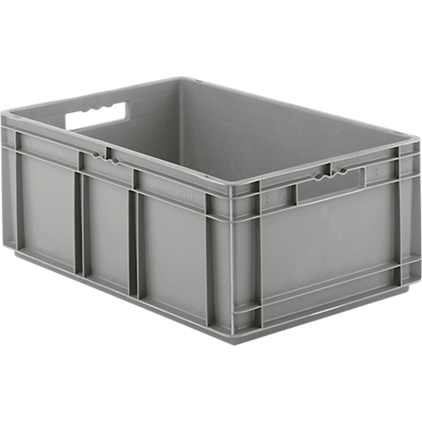 Gray plastic box with handles. Rectangular, open, stackable.