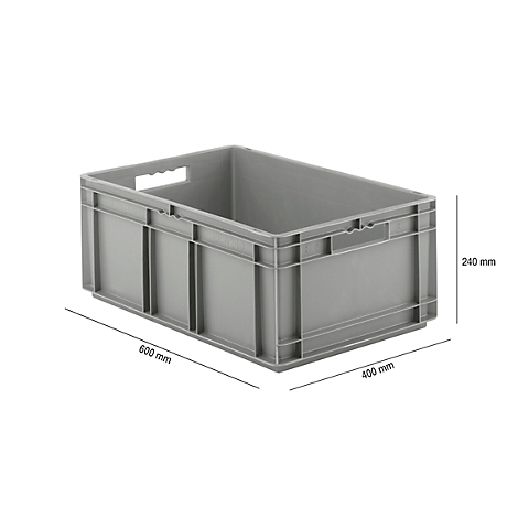 Grey plastic box with handle openings and dimensions: 600 mm, 400 mm, 240 mm.