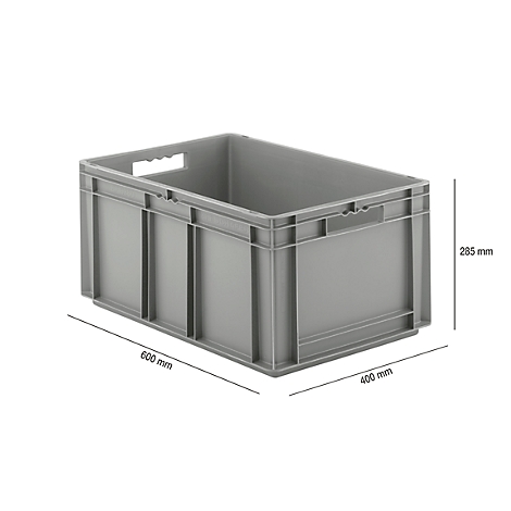 Gray plastic box with handles and dimensions: 600 mm x 400 mm x 285 mm.