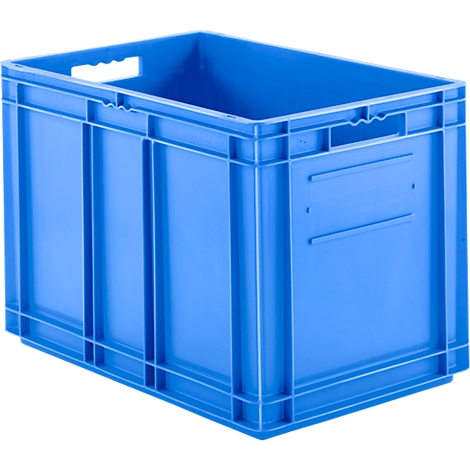 Blauwe plastic doos met handvatten. De doos staat op een witte achtergrond.