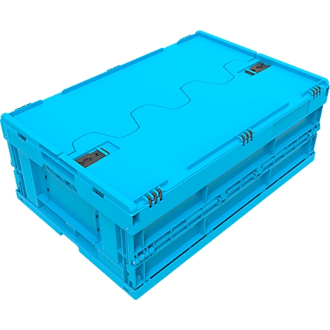 Hellblaue Kunststoffbox, rechteckig, gefaltet, mit Deckel und Verschlüssen. Details der Konstruktion erkennbar.