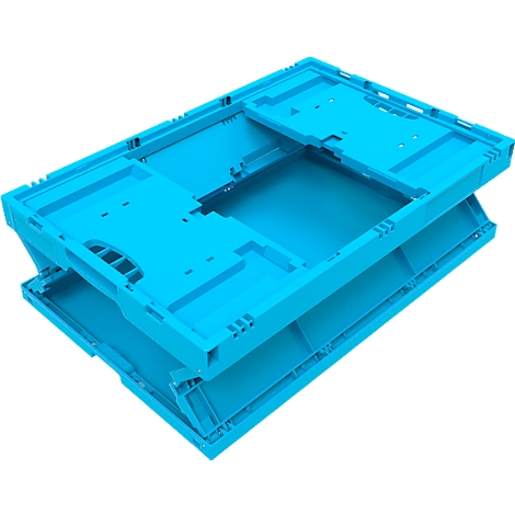 Blau-türkis Klappbox, teils geöffnet, vor weißem Hintergrund. Der Griff ist sichtbar.