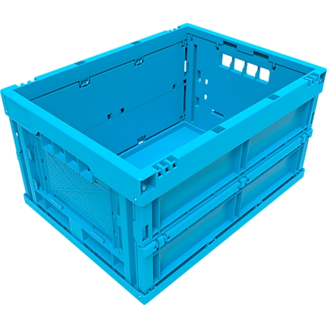 Lichtblauwe, open plastic krat. Zijkanten zijn opgevouwen en gedetailleerd.