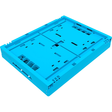 Turquoise blauwe rechthoekige transportbox met talrijke uitsparingen en ribben. Lichte perspectief.