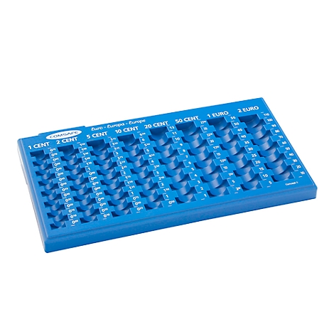 Blue coin sorter for Euro coins with different slots for cent and euro coins.