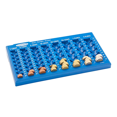Blue money tray with wooden Euro coins in different sizes. The labels are: 1 Cent, 2 Cent, 5 Cent, 10 Cent, 20 Cent, 50 Cent, 1 Euro, 2 Euro.