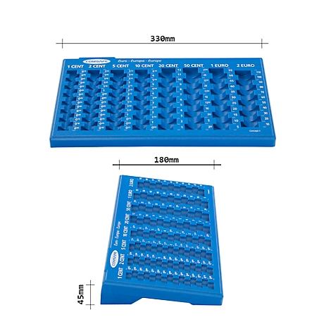 Blue coin counter with different recesses for Euro coins. Text with dimensions at the top.