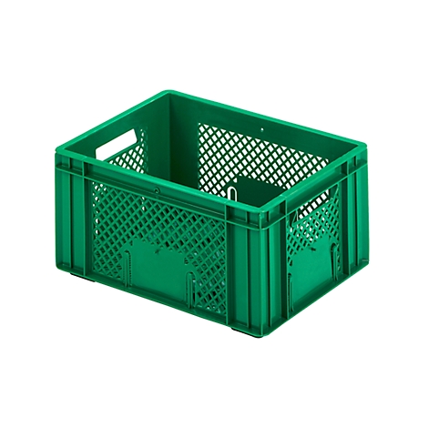 Green plastic crate with perforated sides and carrying handles.