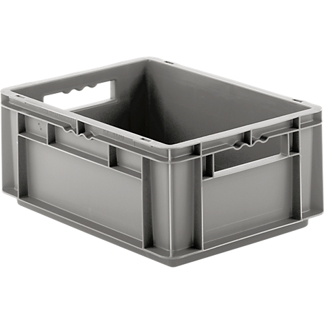 Gray plastic box with handle openings. The container is rectangular and empty.