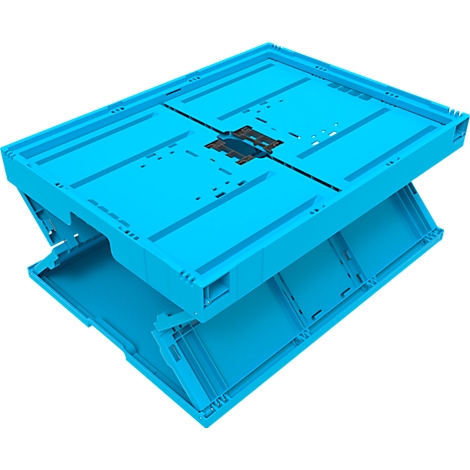 Light blue, folded, rectangular plastic container. The edges, folding mechanism, and interior of the container are visible.