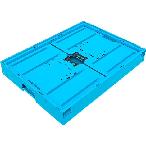 Light blue plastic crate, flat and rectangular. Recesses and reinforcements inside. Black element in the middle.