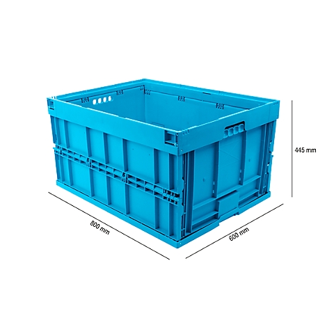 Light blue rectangular plastic box. Dimensions: 800 mm x 600 mm x 445 mm. The box is shown against a white background.