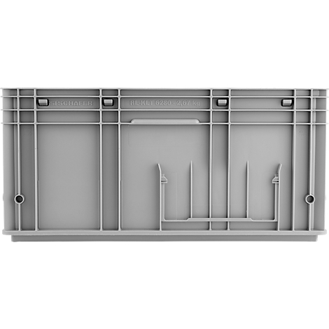 Lichtgrijze plastic container, onderkant met spanten en beugels. De handgreep is in het midden aangebracht.