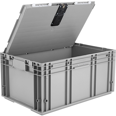 Grijze plastic box met open deksel. Het slot is zichtbaar, de box staat open.